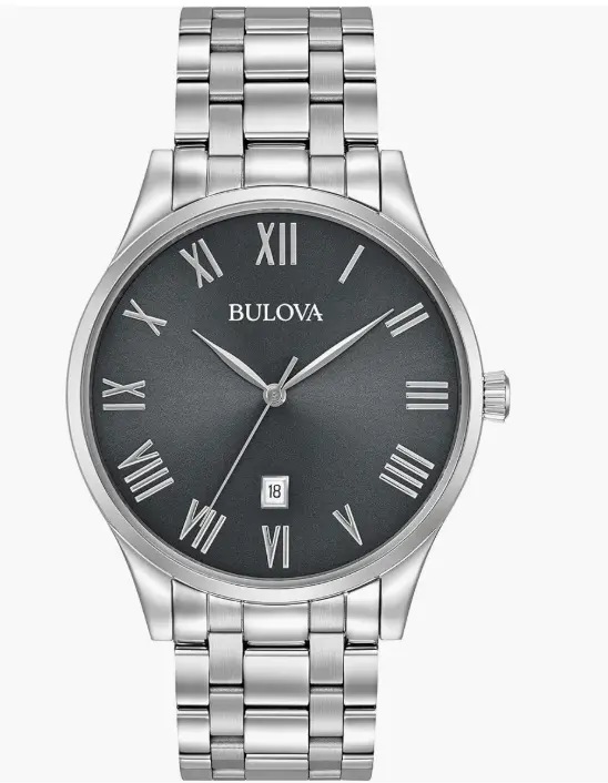 Bulova Reloj clásico de cuarzo con calendario de 3 manecillas de acero inoxidable para hombre, esfera gris con marcadores de números romanos